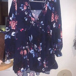 Roaman's Navy Floral V-Neck Peplum Blouse